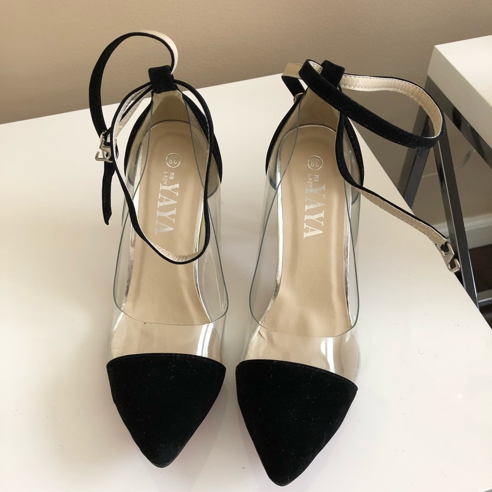 Black cap toe clear heels! With red bottoms.